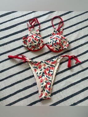 Brand New Never Worn Cherry-Print Red Trim Bikini Set 
Protective strip intact